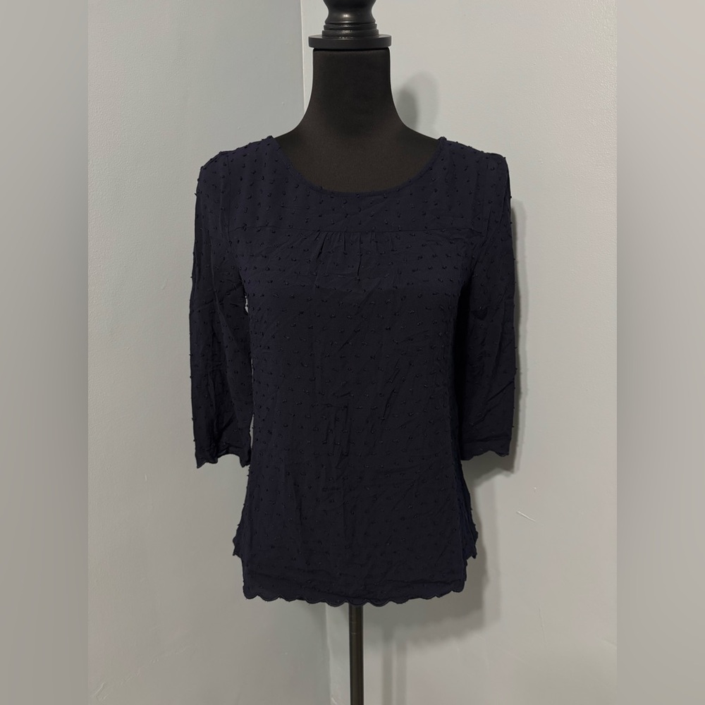 Maeve by Anthropologie Navy Blue Scalloped‎ Hem 3/4 Sleeve Blouse Women’s size 4